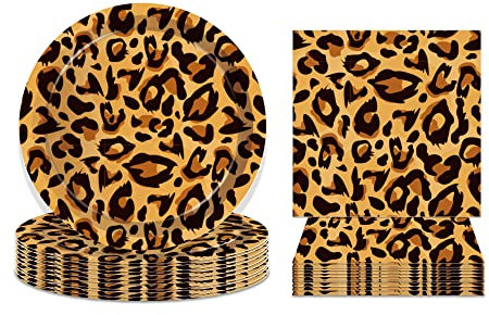 Leopardenteller und Servietten servieren 24 Zwickel, 64 Stück, Leoparden-Partyzubehör, Einweggeschirr-Set, Papier, Abendessen, Dessert, Servietten für Leoparden-Themen-Geburtstagsfeiern, Dekoration