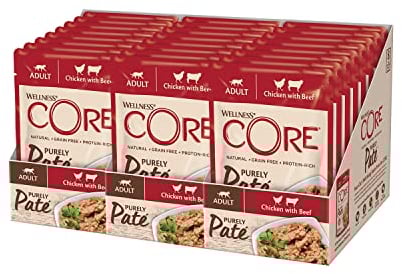 Wellness CORE Purely Paté Huhn & Rind, 24 x 85 g, Premium Nassfutter für ausgewachsene Katzen, Katzenfutter Pastete, ohne Zuckerzusatz, getreidefrei, mit hohem Fleischanteil