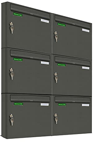 AL Briefkastensysteme Basic 6er Briefkasten DB 703 Eisenglimmer Grau 6 Fach DIN A4 wetterfest Briefkastenanlage mit Posthaltebügel und 2 Namensschildern
