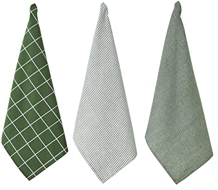 Penguin Home Set of 3 100% Cotton Kitchen Towels, Eco Friendly Sustainable Tea Towels Stylish with Different Pattern, Size - 50x70 cm Colour - Green & White Dish Towels