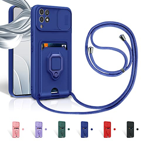 Aithne Case für Samsung Galaxy A22 4G/M32 4G Handykette Hüll,Slide kameraschutz,Silikon Handyhülle zum Umhängen Kette,360 Grad Ringhalter Stand Kartenfach-Blau