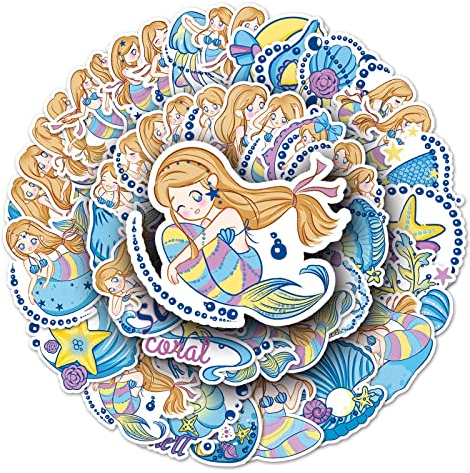 Bric Dodo 50 Stück Meerjungfrau Aufkleber Auto Laptop Telefon Gitarre Skateboard Motorrad Fahrrad Ocean Mermaid Stickers Set Vinyl Wasserdicht Aesthetic Aufkleber für Jugendliche Kinder Erwachsene