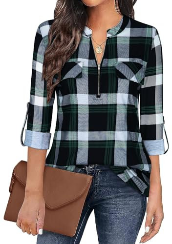 Gemulate Womens Zip Up Plaid Tunic Blouse Long 3/4 Roll Sleeve Polo Top Plus Size Tops Women Floral Printed Shirts Plaid Green 1-L