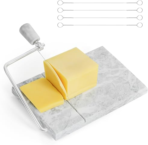 Winter Shore Coupe Fromage Raclette - Trancheuse Fromage en Marbre Poli - Polyvalent pour Fromages Mous, Sandwichs, Viande - 4 Fils de Rechange en Acier Inoxydable - 20 x 13 x5 cm, Marbre Gris & Blanc