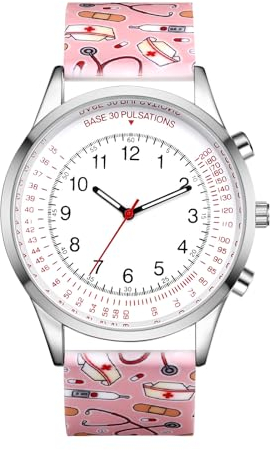 JewelryWe Schwesternuhr mit Pulsskala Silikon Uhren: Damen Analog Quarz Armbanduhr Frauen Rosa Blumenmuster Silikon Armband Ärzte Krankenschwester Uhr mit Pulsberechnungsskala
