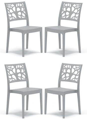 Set 4 sedie in polipropilene TETI, MADE IN ITALY, impilabile, idrorepellente, resistenza raggi UV, design moderno albero della vita per sala da pranzo, cucina, bar, ristoranti, esterno (Cemento, 4)