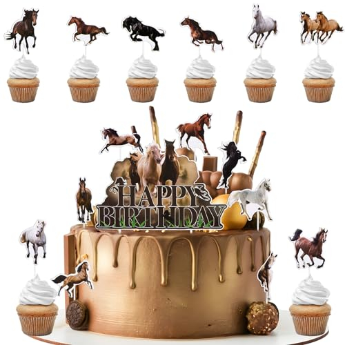 BETESSIN 16pcs Pferde Cake Topper Pferd Deko Geburtstag Kuchen Torte Deko Papier Cupcake Topper Kindergeburtstag Geburtstagstorte Dekoration Pferdeparty Mottoparty Kuchenaufsatz