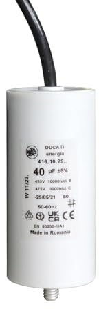 Condensateur permanent 40 uF à Câbles Ducati - Pour moteurs de volets roulants, pompes, etc - Remplacement ou Réparation - Cylindrique à câble - Dimensions 45 mm x 240 mm - Idéal moteurs de 30 à 50 nm