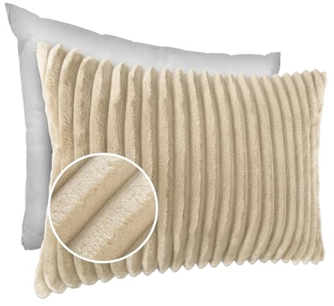 Dekokissen Kissenbezug Sofakissen Pillow Plüsch Kuschelkissen Zierkissen Cord Kissen Couchkissen Kord Kissenhülle ultraweich gestreift Lilli 30x50cm mit Füllung Creme