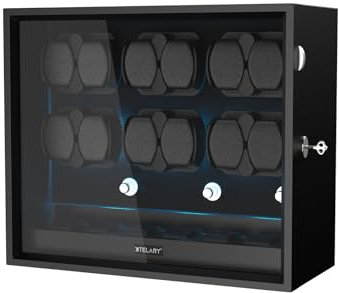XTELARY Uhrenbeweger für 12 Automatikuhren, Abschließbarer Automatikbeweger mit Extra 6 Uhrenfächern, 4 Rotationsmodi, Flexible Uhrenkissen, Leiser Mabuchi Motor und Blaue Hintergrundbeleuchtung,Black