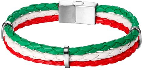 JewelryWe Lederarmband Italienische Flagge Armband: Italien Flagge Fußball Weltmeisterschaft WM & EM Länder Italy Fanartikel Leder Geflochten Armband Armreif mit Edelstahl Sicherheitsverschluss Unisex