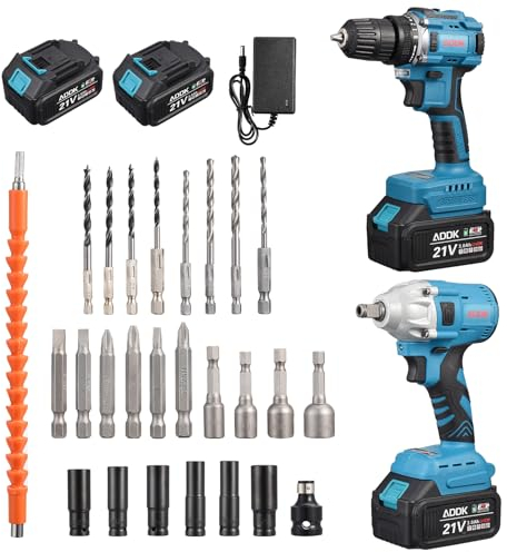Clé à choc sans fil +Perceuse Visseuse Sans Fil 21V, Deux 3.0 Ah batteries, 380N.m Boulonneuse à Choc Electrique, 4500RPM Multifonctionnel 3 en 1 Visseuse à Chocs, 19 Forets, 7 Douilles à Chocs