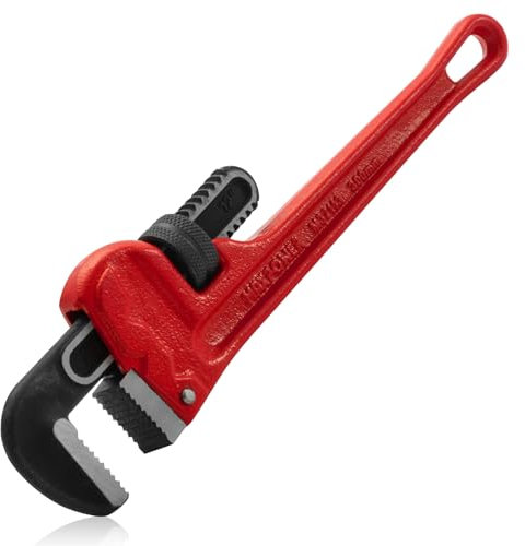 MAXPOWER 12-inch Straight Pipe Wrench, Heavy Duty Adjustable Plumber Wrench, Heat Treated Steel Plumbing Wrench Tool with Floating Hook Jaw and I-Beam Handle, Red - SAE