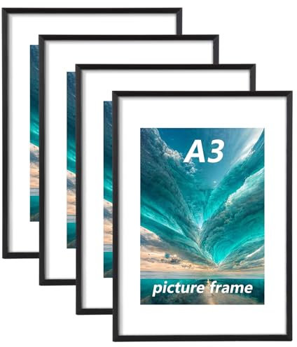 LOPYXBR 4 Stück Bilderrahmen A3 Schwarz, 29,7x42 cm Bilderrahmen Din A3, Rahmen A3, Moderner Portraitrahmen Aluminium mit Bruchsicherem Acrylglas