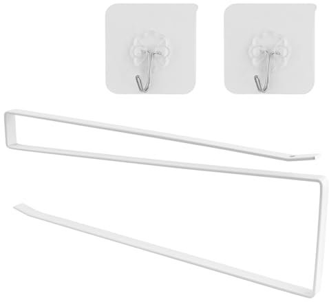 Porta rotolo da cucina bianco porta rotolo di carta in acciaio inox con 2 ganci trasparenti, porta rotolo da cucina senza foratura, per cucina, bagno, stoccaggio