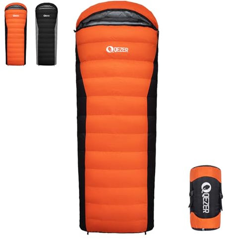 QEZER Daunenschlafsack, Winterschlafsack, 600FP+ Premium-Daunen, 12°C bis -24°C, leicht und warm für 3-4 Jahreszeiten, Camping, Wandern und Outdoor-Trekking (Orange 12℃)