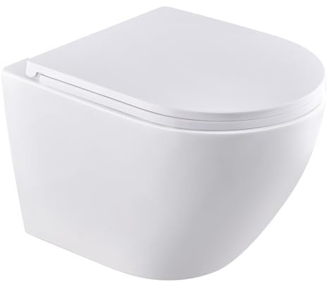 HOMELODY WC suspendu sans bord - WC mural sans rebord - Économie d'eau - Double flux - 3,5/5 l - Nano-vernis hygiénique - Abaissement automatique - Chasse superspin à 360° - 490 x 360 x 360 mm