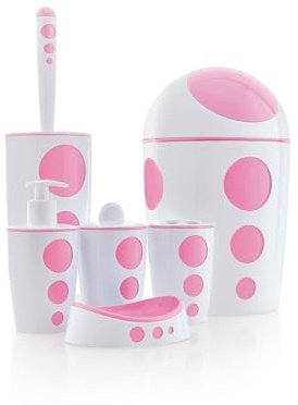Ensemble de Salle de Bain 6 pièces - Design Moderne avec Motifs circulaires - Comprend Poubelle, Porte-Savon, Distributeur de Savon, gobelet, Brosse WC et Porte-Bros (Rose)