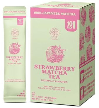 The Harmony Matcha Strawberry (10 Sticks) Premium Japanese Matcha Powder, Rich in Antioxidants & L-Theanine, Sweetened with Organic Sugar, No Preservatives