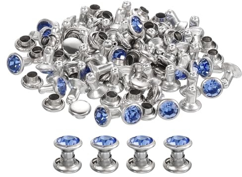 sourcing map Lot de 80 rivets en strass bleu clair, 6 mm, rivets en cristal, rivets en métal à double capuchon en strass pour le cuir, les loisirs créatifs, les sacs à main, cadre argenté