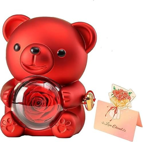 Zeihoo Rosen Bär Mit Herz Damen Halskette, Konservierter Rosen Bär Ewige Echte Rose Blumen Geschenkbox Geschenke, für Frauen Freundin Mutter Muttertagsgeschenk Weihnachten Valentinstag