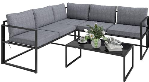 Outsunny 3 Piece L Shaped Garden Furniture Set with Cushions, Garden Corner Sofa Set with 3-Seater Sofa, Loveseat and Tempered Glass Top Table for Outdoor, Grey