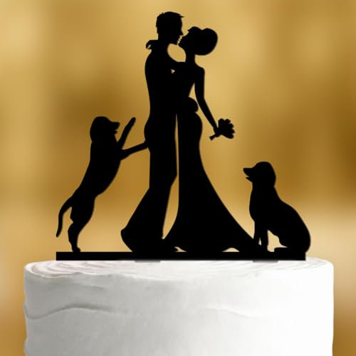 Cake Topper Brautpaar mit Hunden Schwarz [sitzender Hund, stehender Hund] - Acryl schwarz Hochzeitstorte deko Kuchendeko Hochzeit Tortendekoration Verlobung Tortendeko zwei Hunde