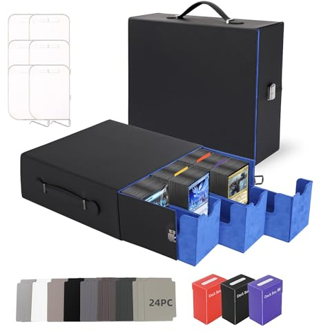 Trading Card Storage Box 2400+ Capacity, Includes 3 PP Cases & Handle | 24 Colorful Dividers & 6 Card Supporters, Durable PU Leather Card Box for Most Standard-sized Trading Cards