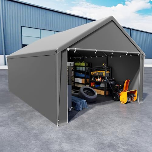 UISEBRT Tente de rangement, 4 x 6 m, abri de tente, abri étanche, avec bâche en polyéthylène robuste et cadre en acier, idéale comme garage de rangement pour outils, outils de jardin, palettes (gris)