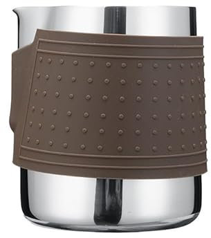 Jarra de espuma de leche de acero inoxidable de 12 onzas con funda de silicona, jarra vaporera de leche sin mango con boquilla afilada, taza de espuma de leche para arte con leche y máquina de