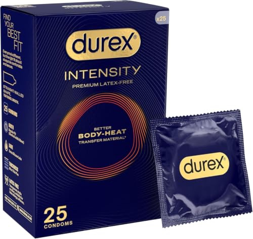 Durex Intensity, 25 Condoms, Better Body Heat Transfer, Ultra Thin | Latex Free, Ultra Thin Plus, Transparent, Moulds to Your Shape, Pre Lubricated with Silicone Lube, Body Heat Transfer