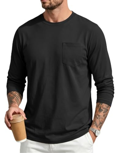 EKLENTSON Herren T-Shirt Baumwolle Langarm Basic Tshirt mit Brusttasche | Baumwolle, Langarm, Regular Fit, Basic, Einfarbig, Rundhals, Brusttasche, Hautfreundlich, Atmungsaktiv, Moisture Wicking