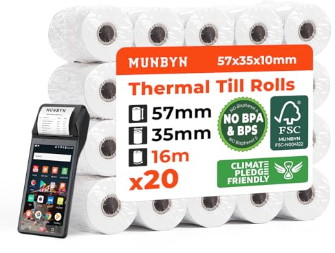 MUNBYN Kassenrollen 57mm x 35mm x16m Ec Rollen Thermopapier, Kasserollen für EPOS, POS, PDQ, Kassensystem, Kinderkamera, Sofortdruckkamera– Thermorollen 57mm – BPS/BPA-frei【20 Rollen】