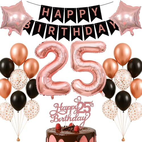 25 Jahre Geburtstag Deko Set Rosegold Schwarz Happy Birthday Banner Geburtstagsdeko Set Partydeko Fotohintergrund für Erwachsene Frauen Männer Deko zum 25. Geburtstag Geburtstagsdekoration Party Paket