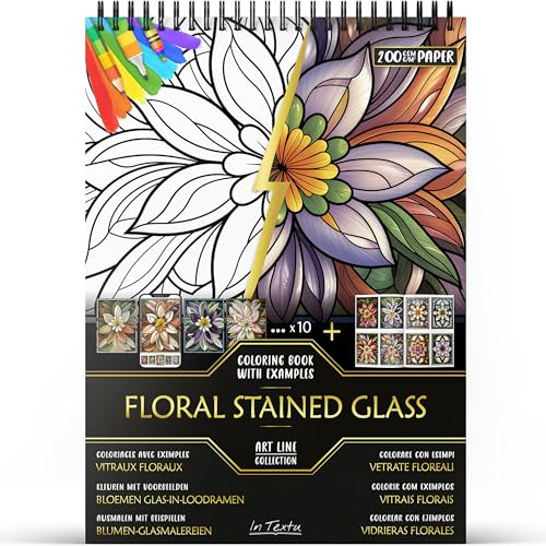 In Textu Livre de Coloriage Adulte Vitraux Floraux, Papier 200 g/m² | Reliure spirale, A4, qualité premium, 30 dessins, 300 modèles couleur, pour crayons et marqueurs Acrylique|Alcool|Eau