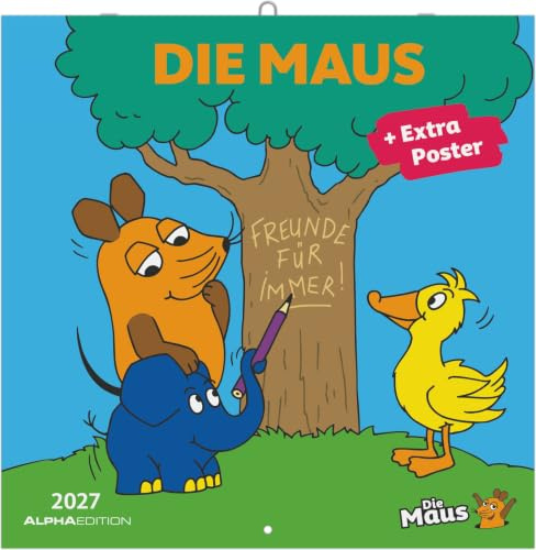 Die Maus 2027: Wandkalender 30x30 cm (30x60 cm geöffnet) mit Notizkalendarium, 12 Illustrationen und Extra Poster