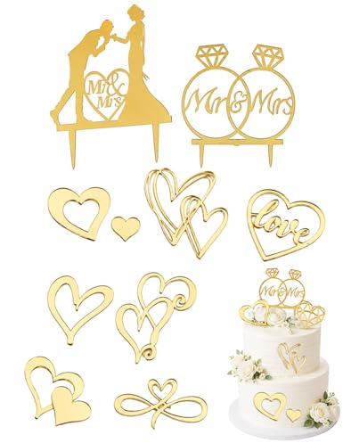 KAHZOR Set de 8 Décoration Gâteau Mariage, Toppers Élégants (1 Grand, 1 Bague Diamant, 6 Cœurs) pour Fiançailles, Anniversaire & Mr & Mrs