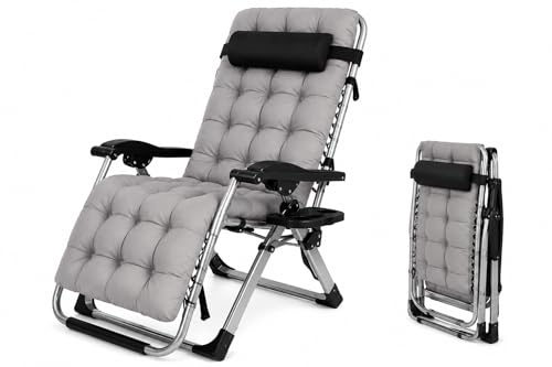 Silla Gravedad Cero Reclinable Plegable con Bloqueo Metálico Reforzado, Tumbona Jardín Exterior Acolchada con Reposacabezas Ajustable y Portavasos, para Terraza, Piscina, Playa y Camping (Gris)