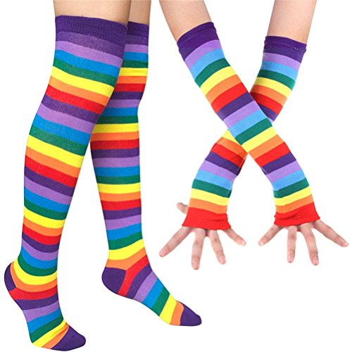 EDOTON Kniestrümpfe Regenbogen Streifen Arm Wärmer Bein Strumpf Bunte Oberschenkel Hohe Socken Fingerlose Handschuhe Hülsen-Set für Frauen Mädchen Party Stützen (Regenbogen)