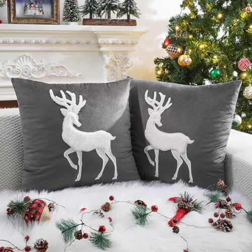 Lewondr Weihnachten Rentier Kissenbezüge, 18 x 18 Zoll Satz von 2 Elch bestickte Kissenbezug weichen gemütlichen Samt dekorative Kissenbezug für Sofa Couch Bett Wohnzimmer Schlafzimmer, grau