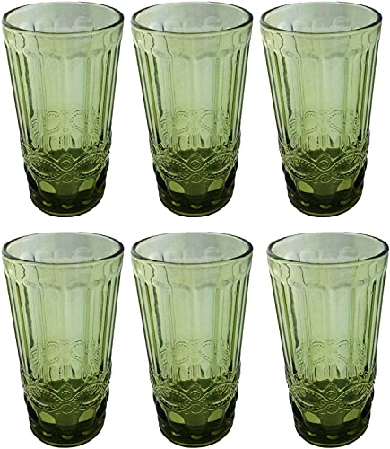 GMMH Lot de 6 verres à vin vintage colorés avec gaufrage (nœud/vert/250 ml) pour mariage, champagne, carafe, bol à dessert, verre à boire, verre à vin, verre à eau, verre à champagne