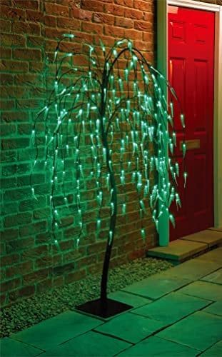 spot on dealz® 5 FT Weeping Willow Trees for Garden Lights Solar Powered Outdoor Decorations 240 LED Solar Tree Lights with Metal Flat Base Garden Ornaments for Home Display Green