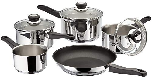 Judge Vista Set of 5 Stainless Steel Draining Pans in Gift Box - 16cm 18cm 20cm Saucepans with Lids, 14cm Milk Pan, 26cm Non-Stick Frying Pan, Induction Ready, 25 Year Guarantee