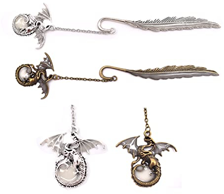 Metall leuchtendes Lesezeichen,Liwein 2 Stück Vintage Feder Drache Fluoreszierenden Lesezeichen Leuchtet Seite Notizen Label für Schule Büro Schreibwaren Kinder Geschenk (Drache)