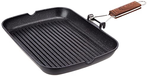 WECOOK! Ecochef Titanio Bistecchiera Ondulata, Induzione, 34x24cm, Antiaderente QUANTANIUM Ecologico senza PFOA, Alluminio Fuso, 5mm di Spessore, Manico in Legno Pieghevole, Vitroceramica, Gas