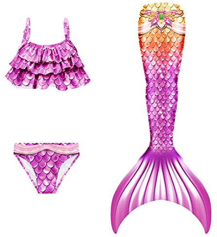 DNFUN Meerjungfrauenschwanz mit Bikini zum Schwimmen für Mädchen Meerjungfrau Schwanz Schwimmen kostüme für Kinder,ohne Einlagen Hart Monoflosse 3 Stück