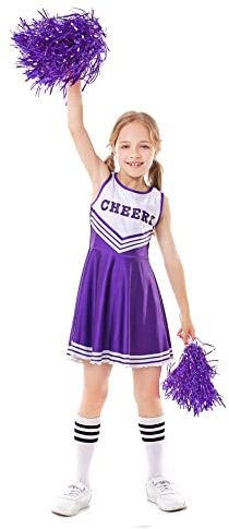 ALUCIC Mädchen Cheerleader Kostüm Cheerleading Uniform Karneval Fasching Party Halloween Kostüm Kleid Minirock mit 2 Pompoms und Socken (Lila, 134-140)