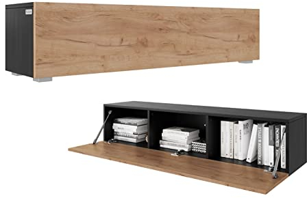 PLATAN ROOM Fernsehschrank TV-Lowboard 105/140 / 160/210 / 280 In Weiß Hängend Oder Stehend Hochglanz Matt (140 x 30 x 32, Schwarz Matt/Eiche Gold)