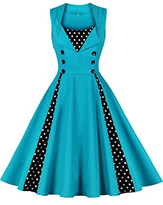 AXOE Robe Femme Vintage Années 50 en Coton Extensible Robe de Cocktail Chic et Élégante Mariage, Soirée, Guinguetteà Pois Turquoise, Taill 46, XXL