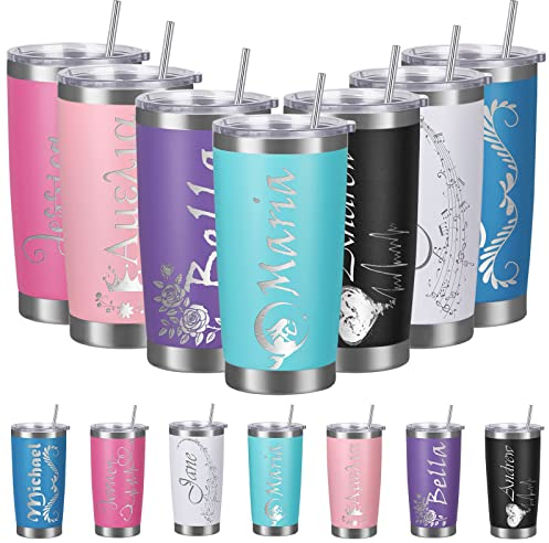 Hodmec Vasos personalizados con tapa y pajilla, vaso aislado personalizado grabado con nombre, vasos de café de acero inoxidable personalizados, regalos para hombres y mujeres (20 onzas, verde menta)